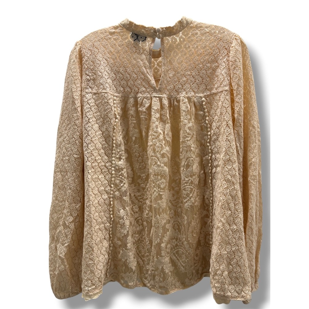 Torrid Mixed Lace High Neck Long Sleeve Blouse Beige Cream 2 2X Victorian - Picture 7 of 10